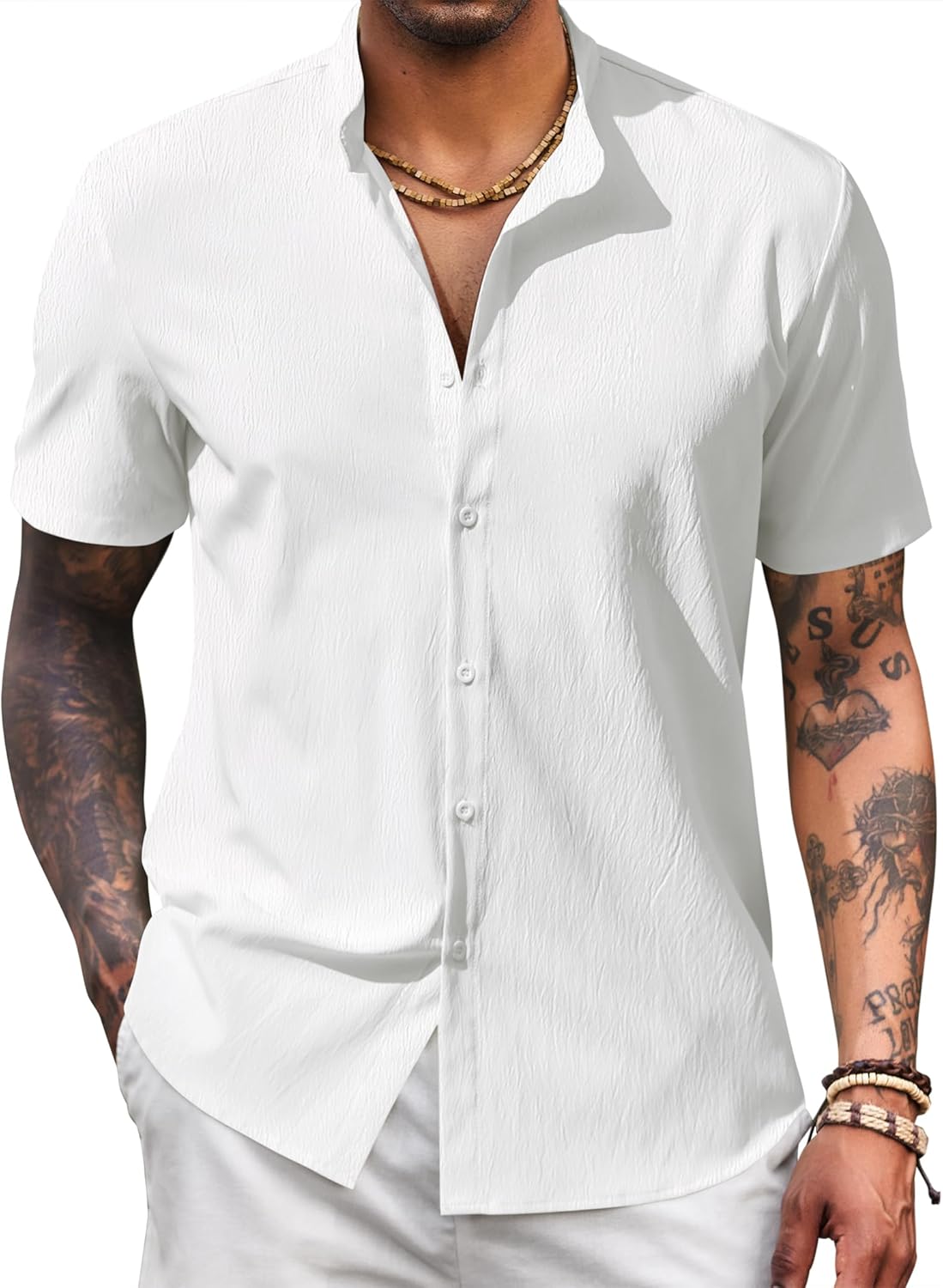 Men Casual Button Down Short Sleeve Shirt Band Collar Shirts Textured Beach Summer Shirt