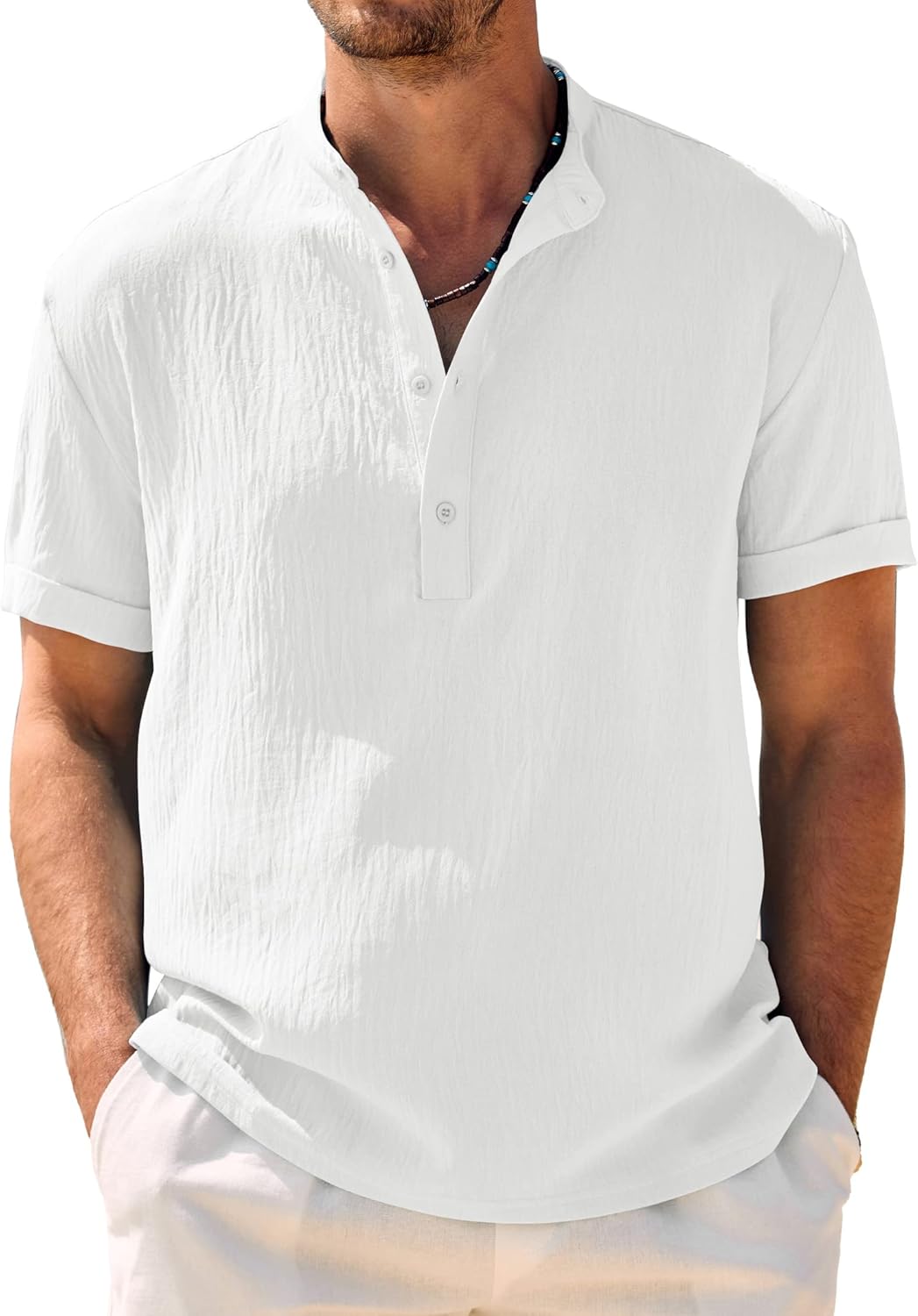 Men Casual Henley Shirt Band Collar Short Sleeve Shirt Summer Beach Hippie Shirt