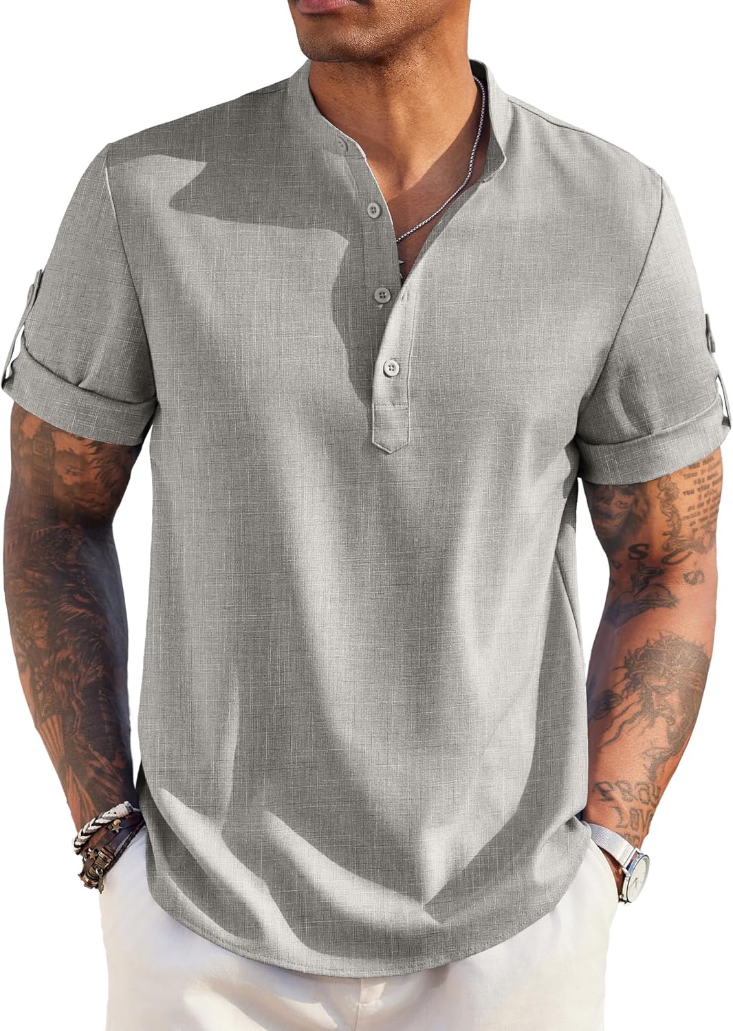 Men Casual Henley Shirt Short Sleeve Band Collar Linen Shirt Summer Beach Hippie T-Shirts