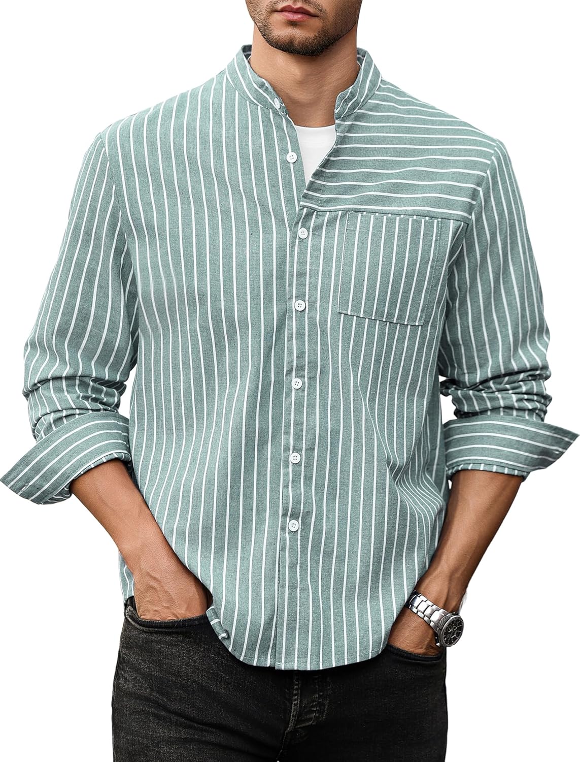 Men Casual Button-Down Shirts Long Sleeve Striped Cuban Guayabera Banded Collar with Pocket All-Day Shirt Tops